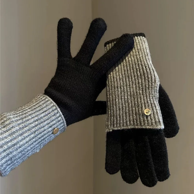 Korean Knitted Touchscreen Gloves Women's Splicing Color Versatile Fashion Two Finger Thick Warm Outdoor Skiing Plush Gloves