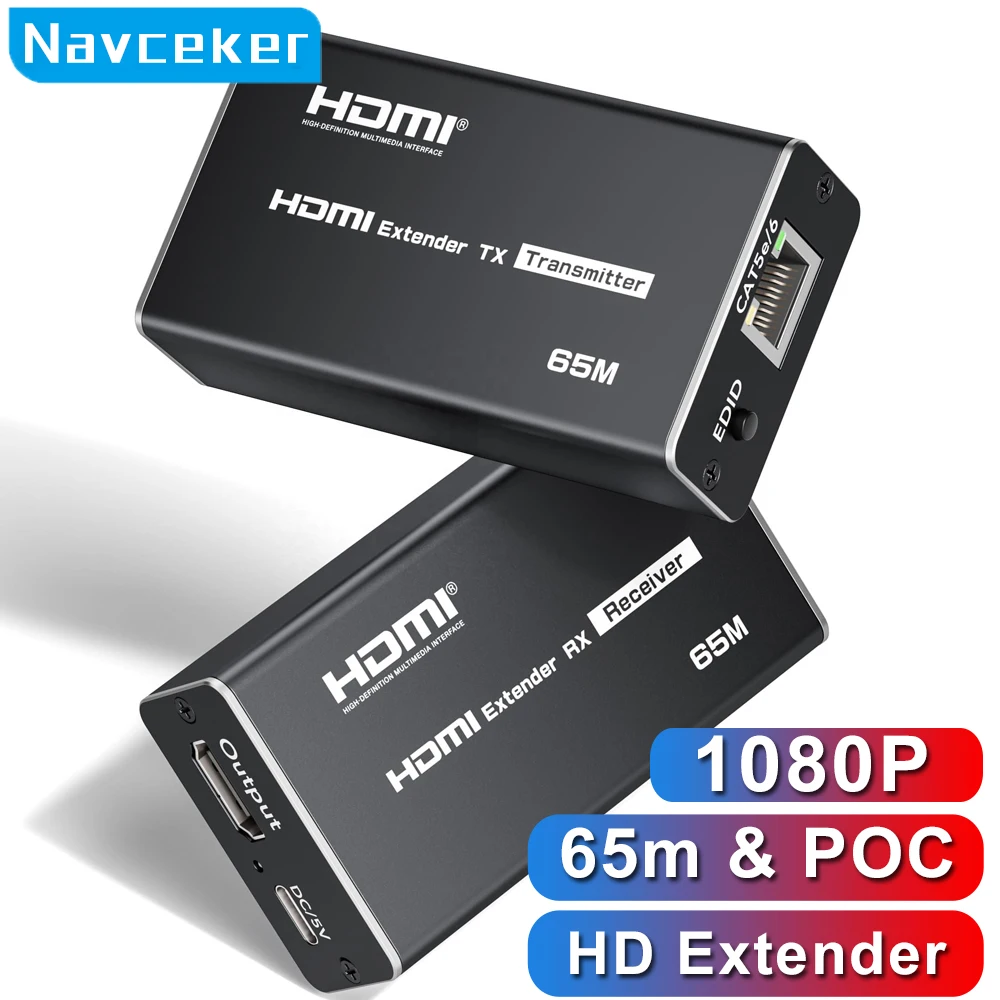 Navceker 65M HDMI Extender 1080P HDMI to RJ45 Extender Network Extensor Over CAT5e CAT6 LAN Ethernet for PS4 Apple TV PC Laptop