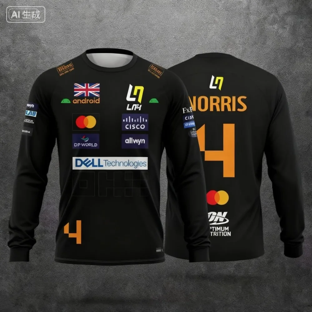 تي شيرت Lando Norris NO.4 2025 بأكمام طويلة على طراز السباق الجديد، بدلة سباق رياضية شديدة، ملابس رياضية بأكمام طويلة قابلة للتنفس