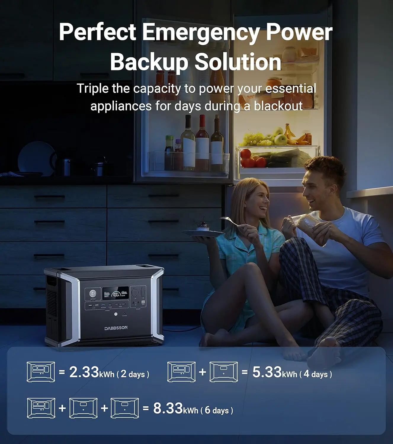 Central eléctrica portátil DBS2300, respaldo de batería doméstica LiFePO4 de estado semisólido EV de 2330 Wh, máx. 8330 Wh, salidas de CA de 5 × 2200 W