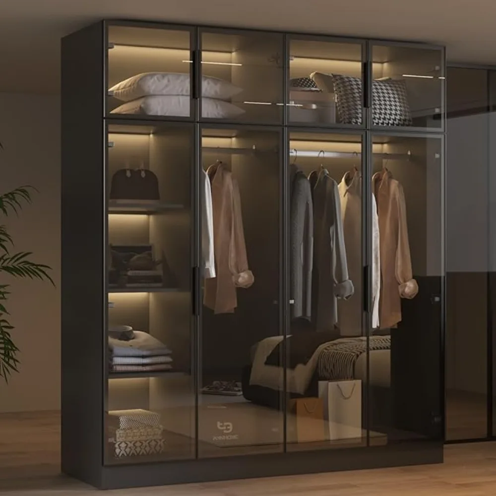 Armario con tiras de luz LED, armario moderno con puertas de vidrio, organizador de ropa grande para dormitorio de 59,1 pulgadas de ancho