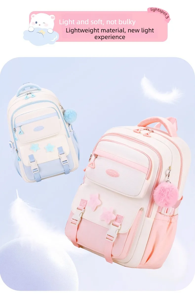 Primary Middle School Backpack for Girls Cute Backpack for School Pink School Bag for Teen Girls with Star Pins Furry Pendant