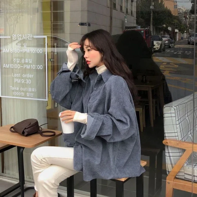 Autumn New Lazy Style Shirt Retro Loose Mid-length Bat Sleeve Corduroy Shirt Spring Coat for Women