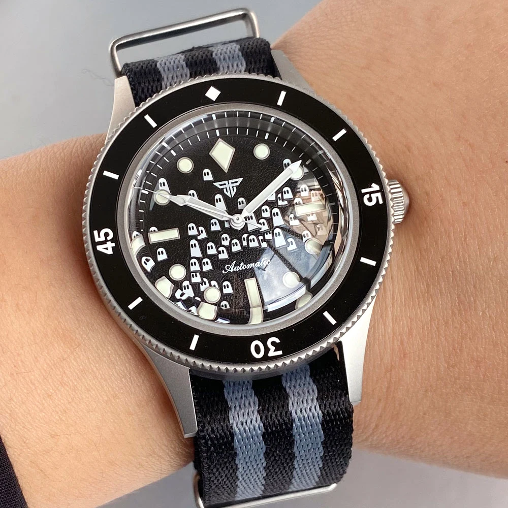 Tandorio Automatic Japan NH35A Retro Watch for Men Sandblasted Case Ghost Dial Luminous 200m Waterproof Bubble Sapphire Crystal
