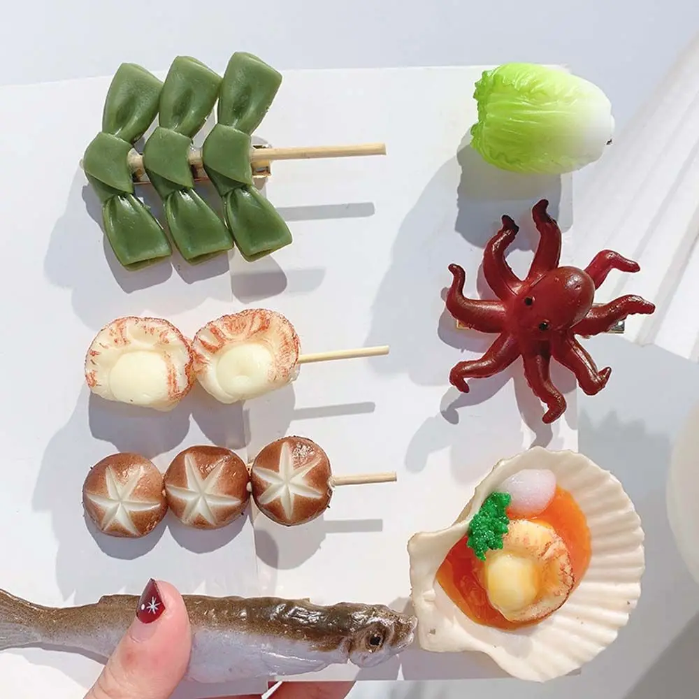 헤어 클립 해산물 꼬치 만화 시뮬레이션 음식 머리핀 가짜 음식 헤어 클립 여성 헤어 액세서리 한국 스타일 머리 장식
