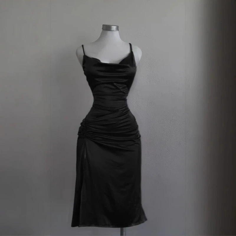 Nuevo vestido de noche de fiesta con tirantes para mujer moda Y2k sin espalda Color sólido Puckered Split Sexy sin mangas vestido ajustado a la cadera