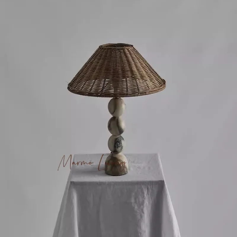 Medieval Awest Wind Natural Marble Table Lamp Designer Model Room Study Bedroom Bedside Woven Grass Rattan Table Lamp