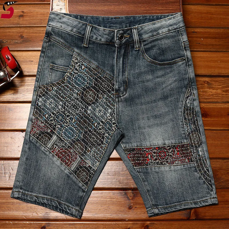 High-end trendy jeans short men\'s summer stretch slim-fit embroidery Korean style personality fashion casual cropped pants