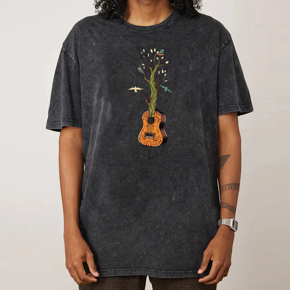 Guitar Music Gift Idea Tops & Tees Girlfriend Combed cotton Round Collar Retro Washed T Shirts Gift Washed Tops Shirt Graphic