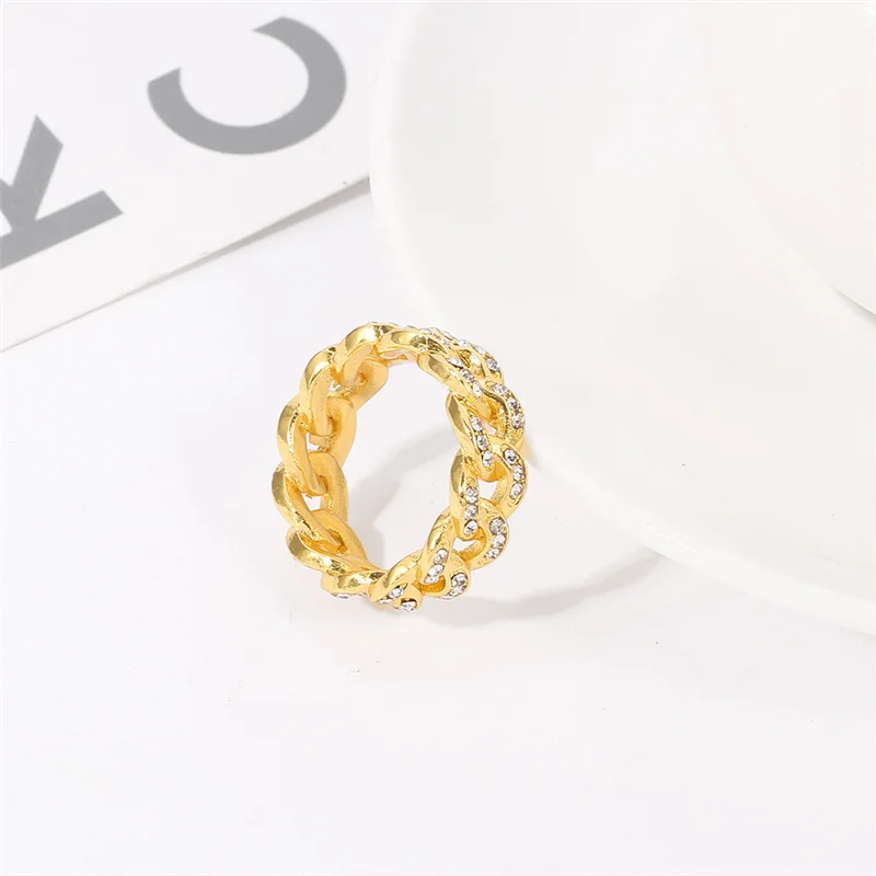Gold Color Zircon Cuban Link Ring Hip Hop Style for Women And Men Fashion Hippie Jewelry Finger Accessory Wholesale