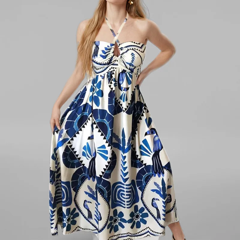 

2025 European and American Elegant Printing Fashion Hollowed-out Halter Lace-up Loose Spring Women Dress N001