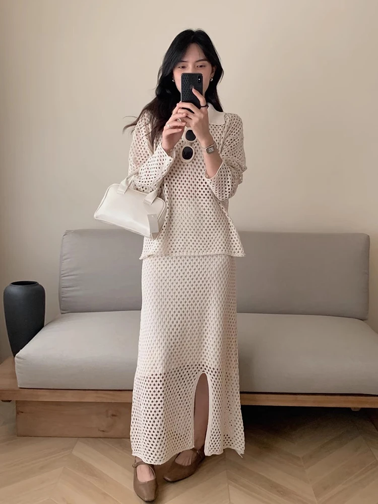 Conjunto de blusa de manga crida em malha e saia de tricô com fenda, estilo chique para o início do outono, design vazado ...