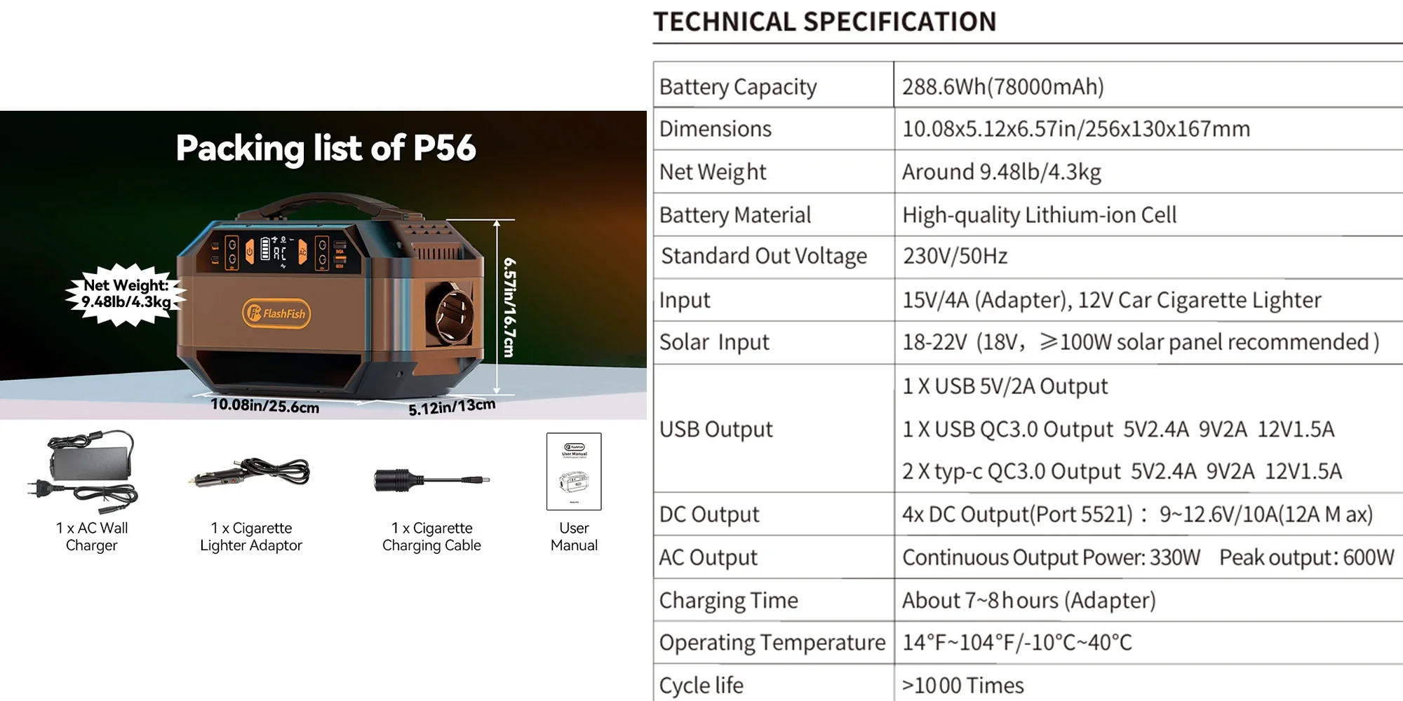 FF Flashfish P56 Draagbare Powerstation 600W Piekwisselstroom 288.6Wh Zonnegenerator 78000mAh/3.7V Batterij voor stroomuitval, noodgevallen en thuisgebruik