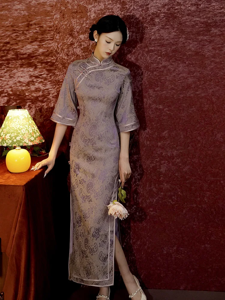 

Ele Purple Long Qipao Dr for Women Retro Sle Daily Wear High Quali Polyester Fiber ort Sve High Slit Skirt