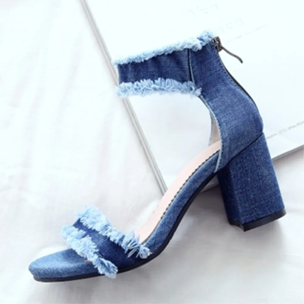 Blue Denim Summer Sandals Shoes For Woman Ankle Straps High Heel Jeans Gladiator Sandals Fashion Party Shoes Ladies