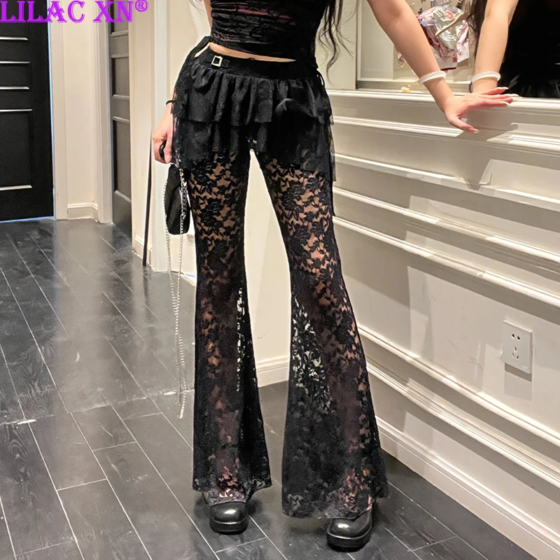 Lilac XN Goth Black Flower Lace Mesh See Through Flared Pants Y2K Sexy Irregular Skirt Pants New Fashion Women Autumn Streetwear