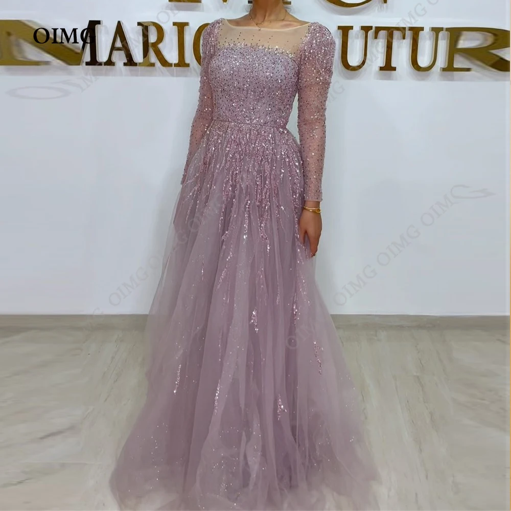 

OIMG Pink 2023 Shiny Dusty Pink Tulle Evening Dresses A Line O Neck Sparkly Front Dubai Arabic Women Party Prom Gowns Vestidos