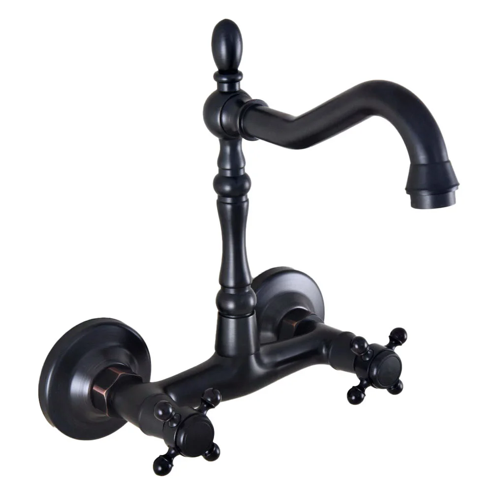 

Black Oil Rubbed Bronze Wall Mount Swivel Spout Bathroom Kitchen Sink Faucet Double Handle Mixer Tap Lnf820