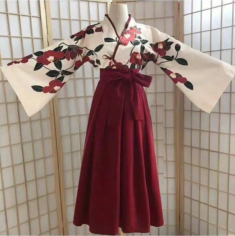 

Kimono Sakura Girl Japanese Style Floral Print Vintage Dress Woman Oriental Camellia Love Costume Haori Yukata Asian Clothes