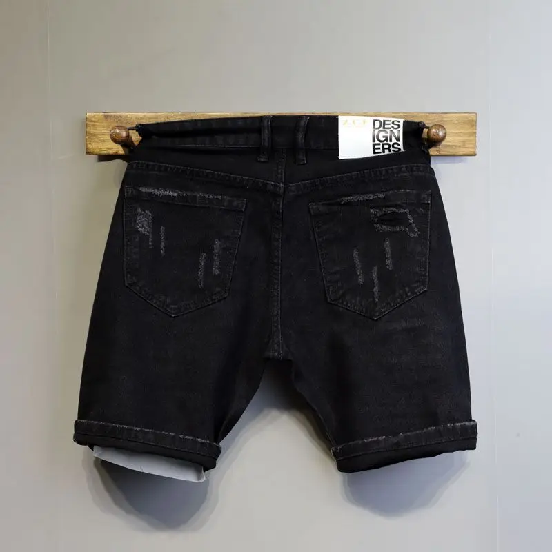 Korean Fashion Boyfriend Denim Shorts Men's Youth Summer New Black Washed Ripped Color Patch Slim-fitting Cargo Half Pants