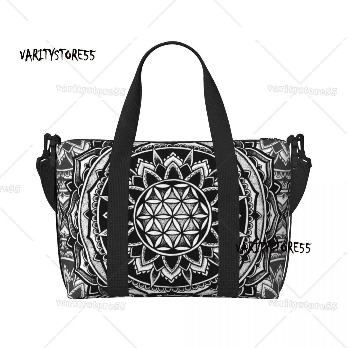 

Custom Sacred Geometry Mandala Beach Tote Bag Women Flower Of Life Geometric Large Compartment Beach Gym Travel Bags