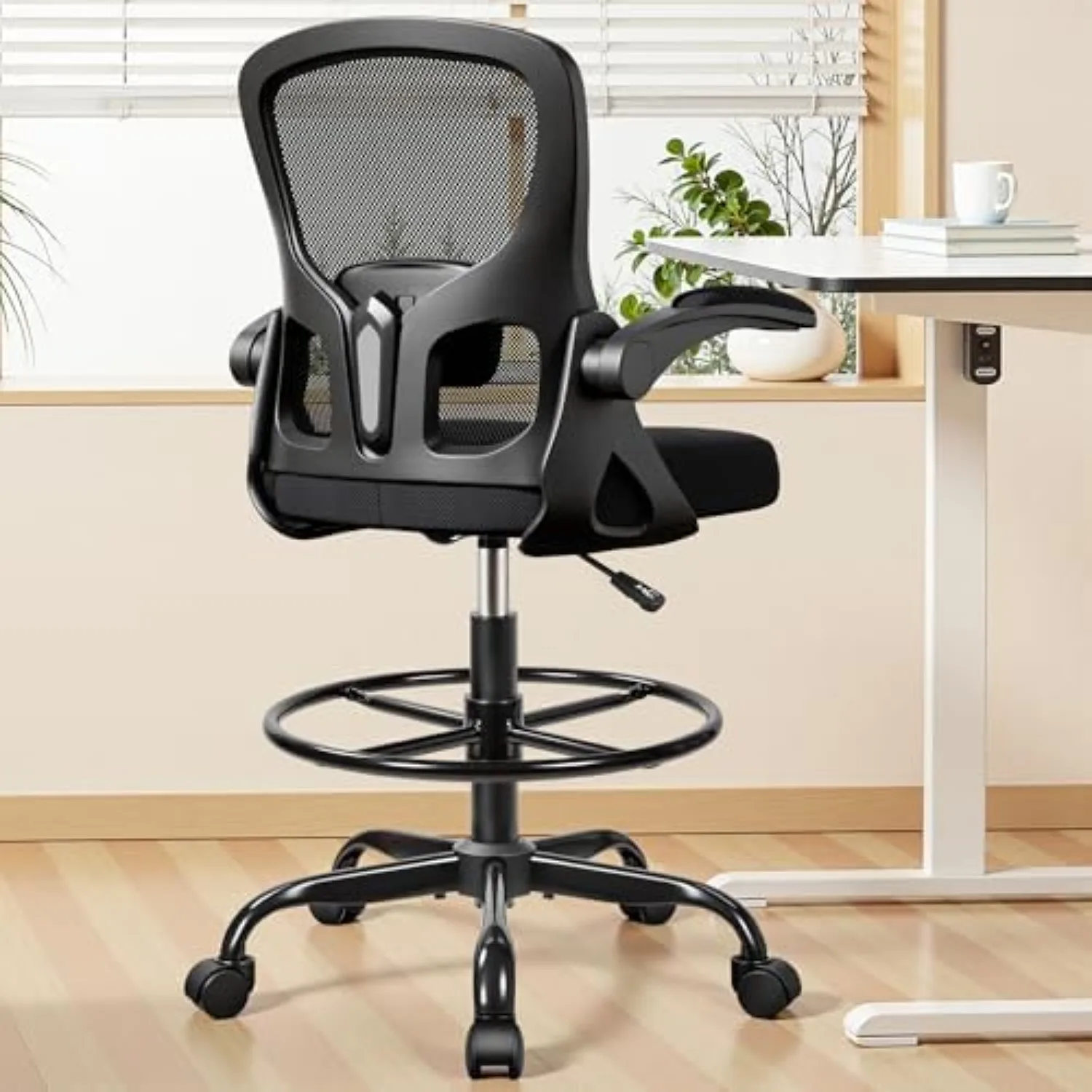 Drafting Chair Tall Office Chair for Standing Desk - Ergonomic Computer Work Stool with Flip-up Arms, Foot Ring &