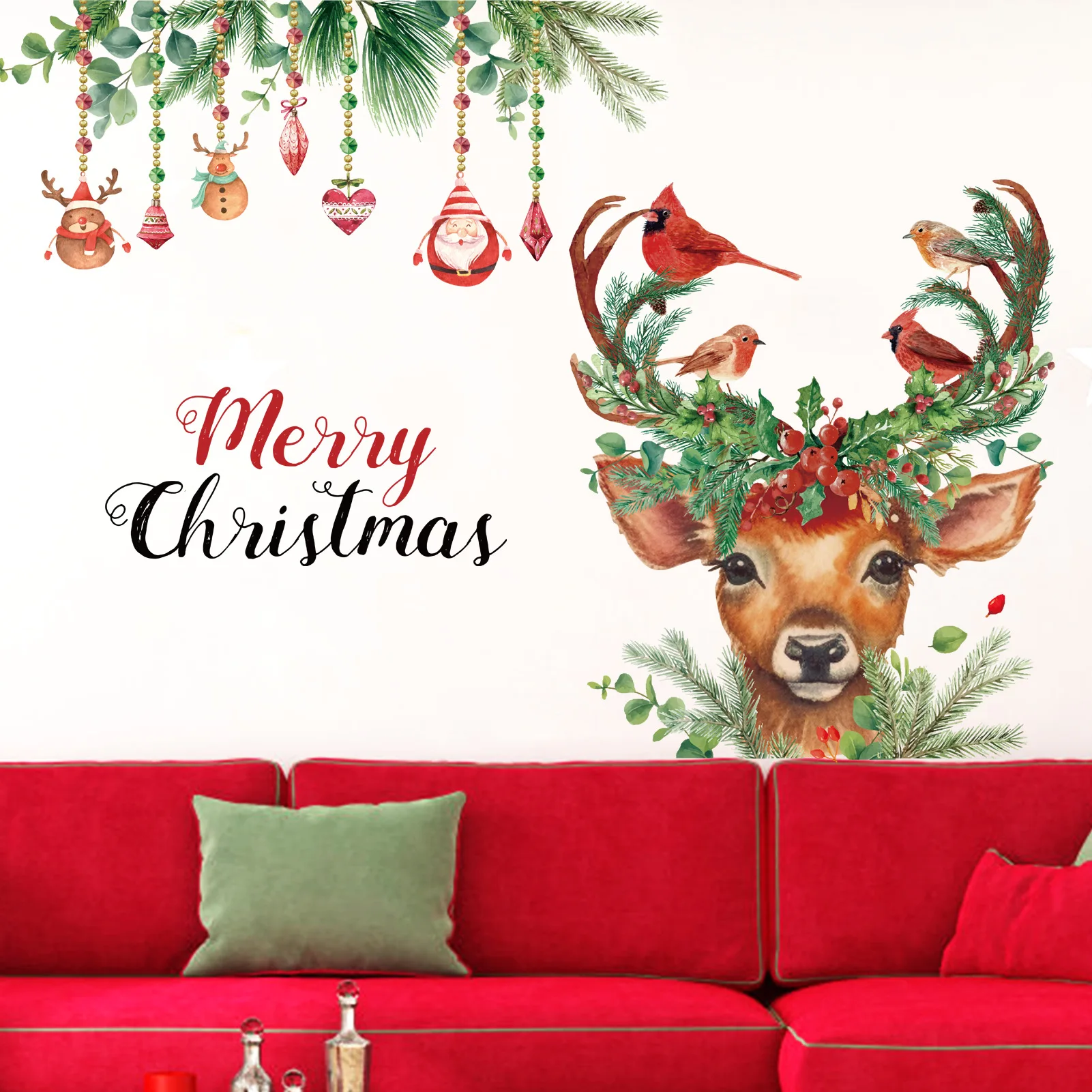 ​Christmas Reindeer Flower Gingerbread Man Wall Stickers, Self-Adhesive Decals for Bathroom Kids Room Decor, Holiday Home Decora