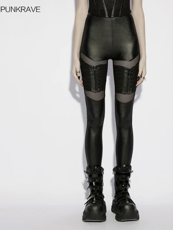 

Punk Style High Waist Mesh Splice Tight Pants Women's Sexy Base Layer Pants Garter Belted Long Pants Polyester Spandex Blend