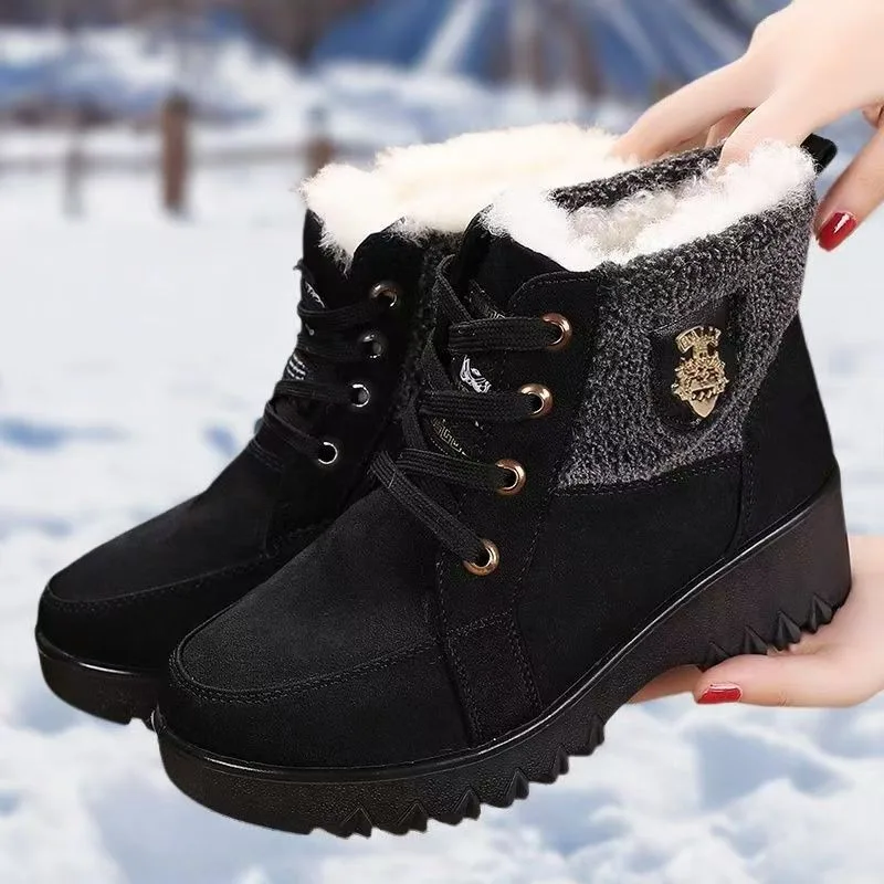 Botas de nieve de tacón bajo para Mujer, zapatos cálidos de invierno con piel, botines para Mujer, calzado con plataforma para Mujer