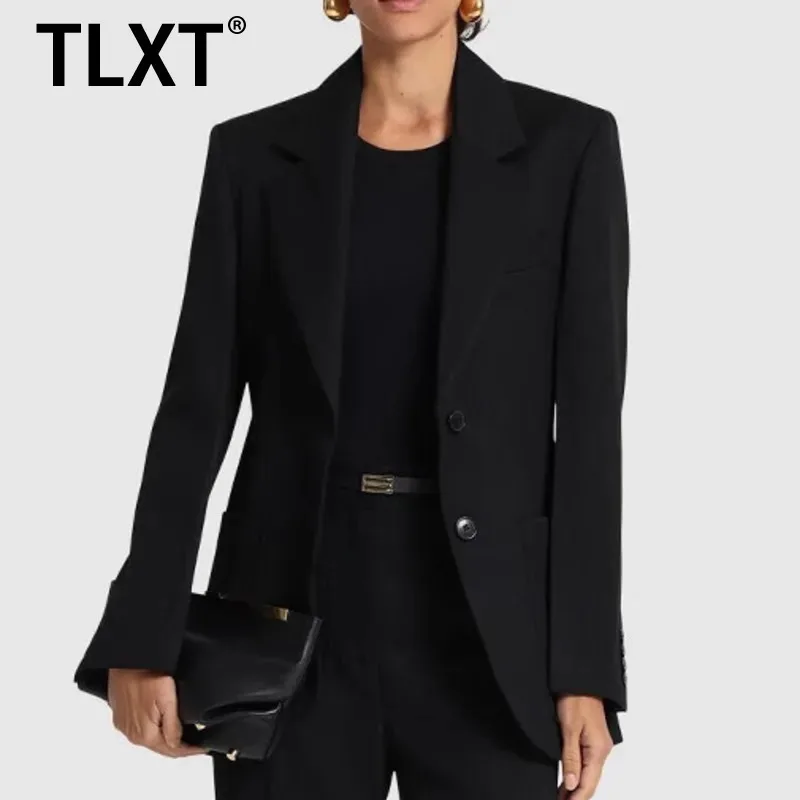 

TLXT модный женский черный пиджак с лацканами и карманами, элегантный повседневный офисный шикарный роскошный приталенный крой, весна-лето 2024, XK1395