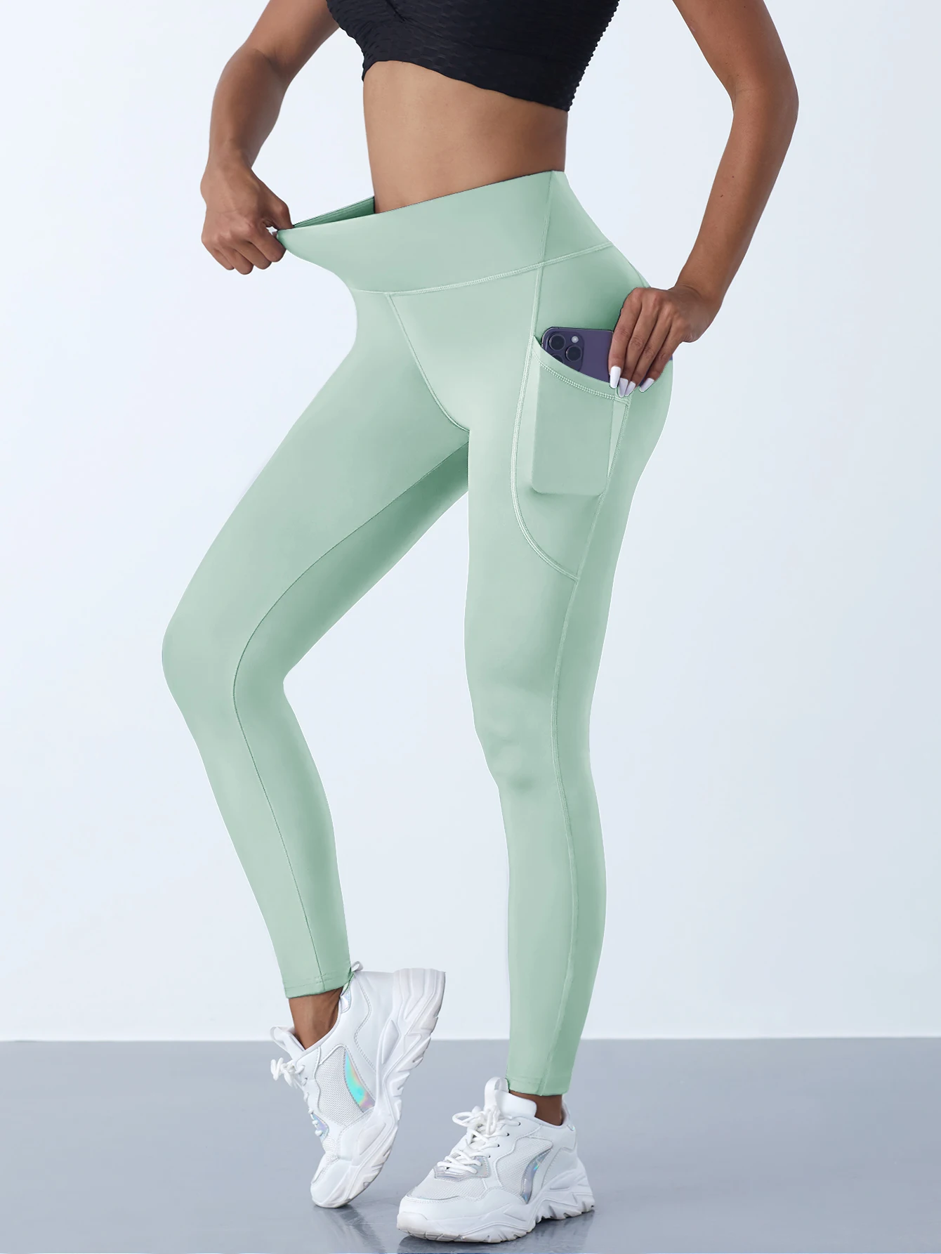Women High Waist Elastic Workout Yoga Leggings Tummy Control With Side Pockets Pants Seam Gym Fitness Sportswear Tights image 4