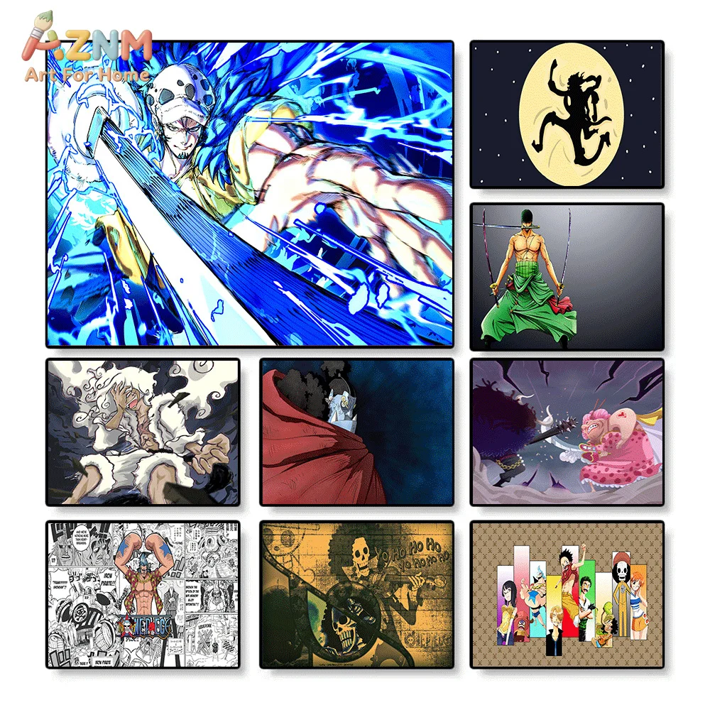 AZNM Lienzo sin Marco con Collage de Anime de One Piece: Escena de Lucha de Trafalgar Law, Blue Lightning Sword, Nika Luffy, Zoro, Brook y Big Mom