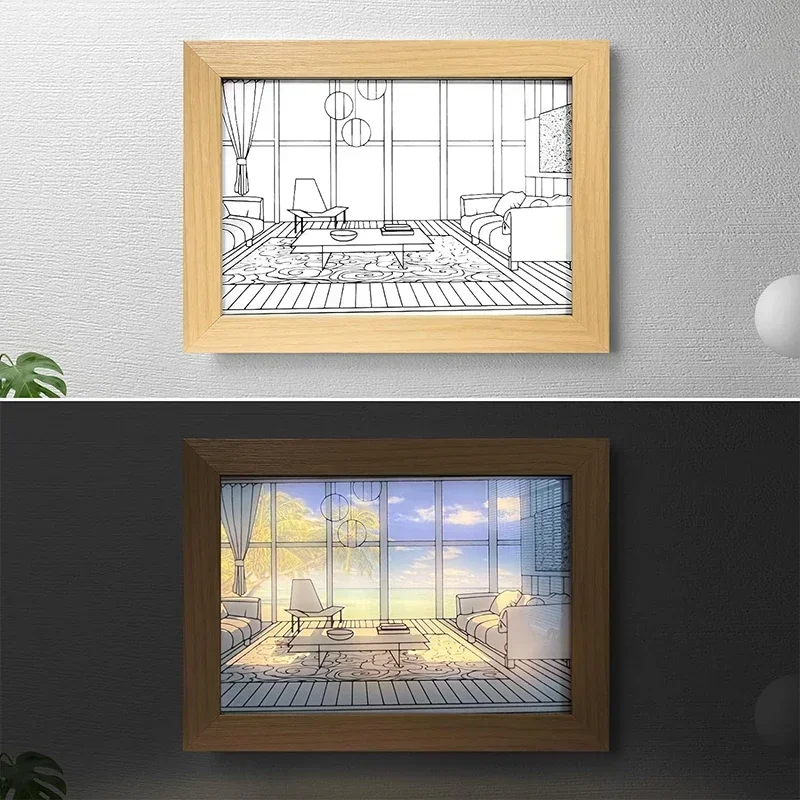 Pintura de luz Led decorativa, enchufe USB, atenuación de pared, obra de arte, lámpara de mesa, regalo, luz solar interior, ventana, foto de madera, noche luminosa