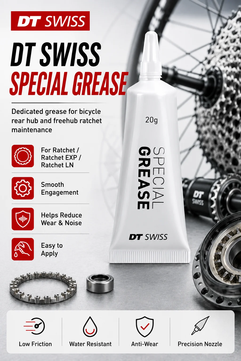 Original DT Swiss Spezialfett 20g Star Ratchet Hinterradnabe Freilauf-Schmiermittel für Ratchet EXP LN MTB Rennrad – Detail 1