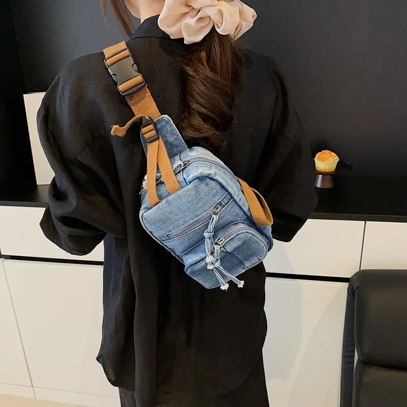 

Denim Women's Bag New Jeans Messenger Bag Y2K Shoulder Chest Bag Student Eco Bag Korean Shopper Handbags Belt Pocket Ins Bumbag