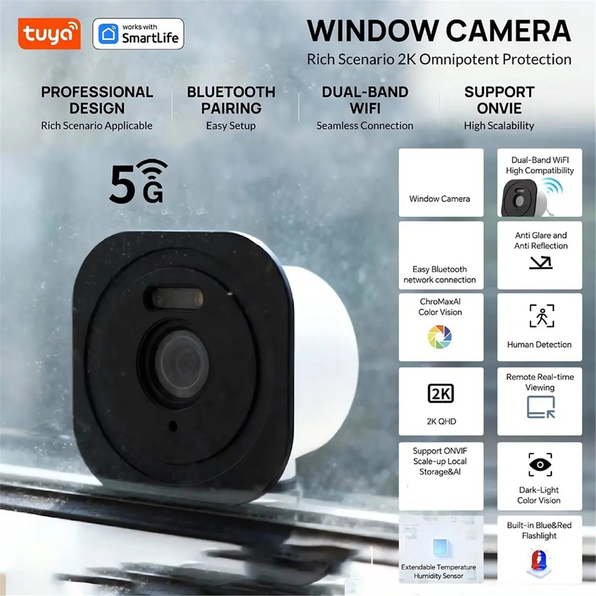 giftnew Tuya Smart Window Camera 3MP 2.4G/5G Dual-Band WiFi Full-Color Night Vision Through Window for Home Security App Control
