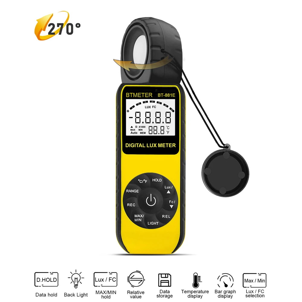 

Digital Illuminance Light Meter BT-881E Handheld Ambient Temperature Illuminance Measurer With Range Up To 300,000 Lux Luxmete