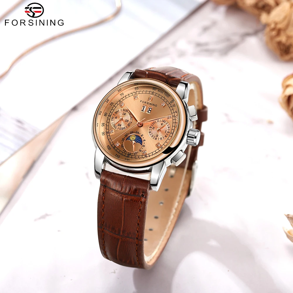 FORSINING женские роскошные наручные часы с автоматическим механическим механизмом, женские многофункциональные часы с бриллиантами и фазой Луны, женский подарок любви FORSINING женские роскошные наручные часы с автоматическим механическим механизмом, женские многофункциональные часы с бриллиантами и фазой Луны, женский подарок любви