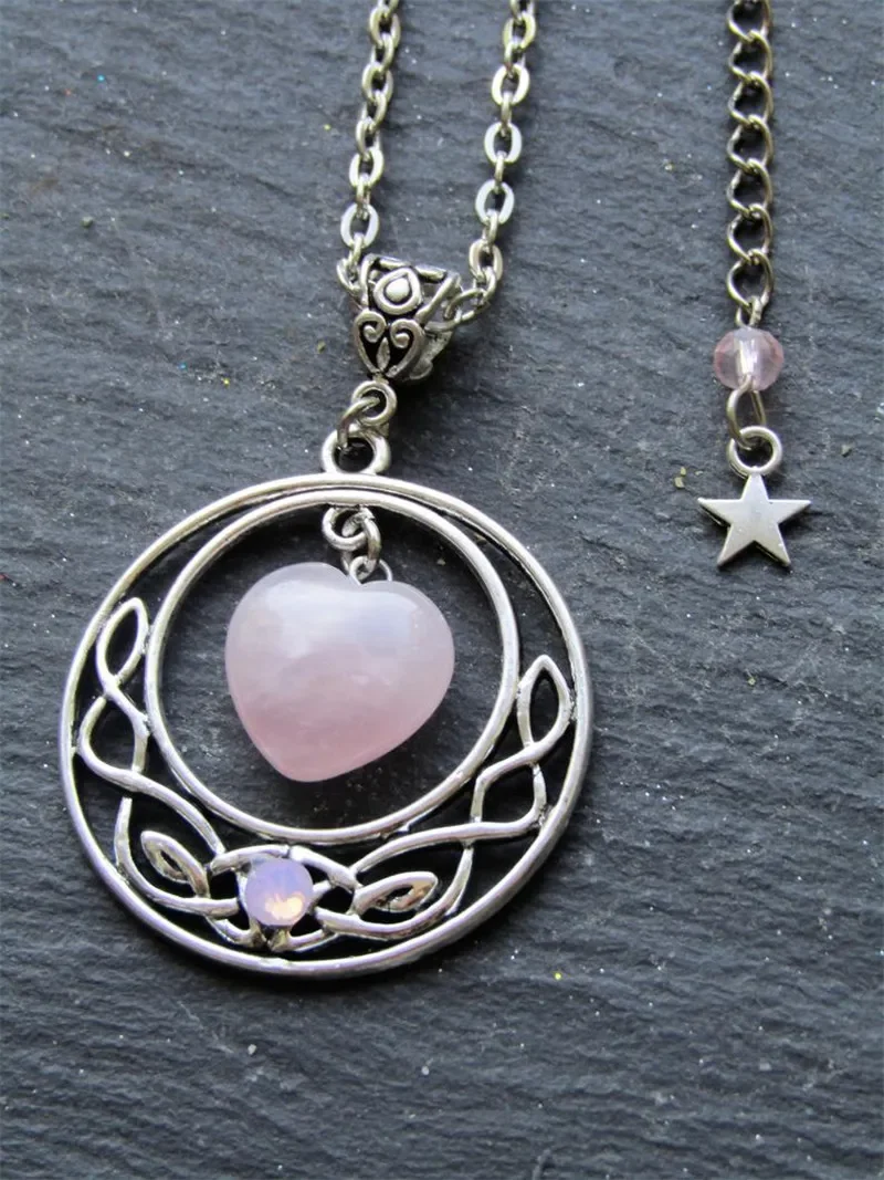 

Gothic Silver Moon Star and Pink Quartz Heart Shaped Pendant Necklace Jewelry