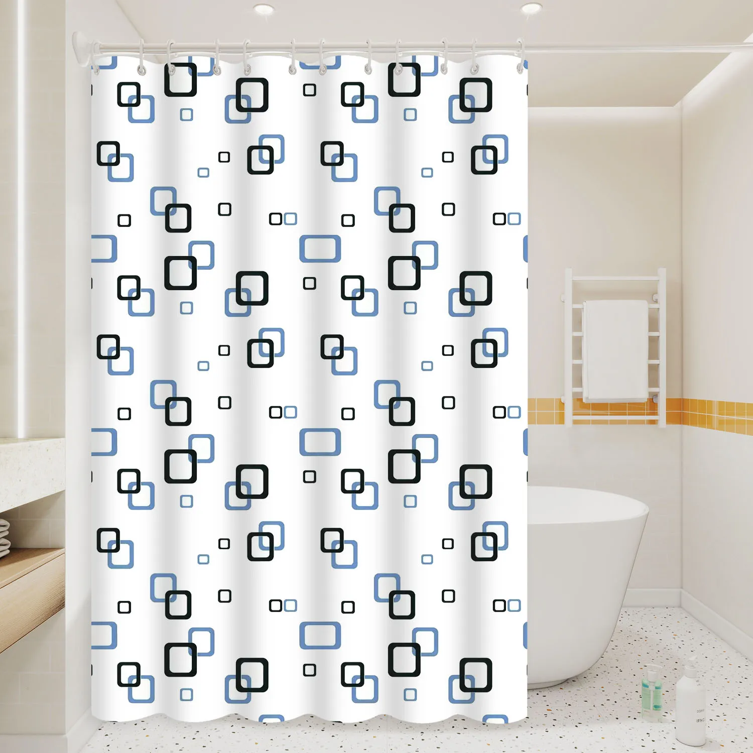 1pc Small Square Artwork Geometric Shower Curtain, Waterproof, PEVA Material, Modern Minimalist Bathroom Decor