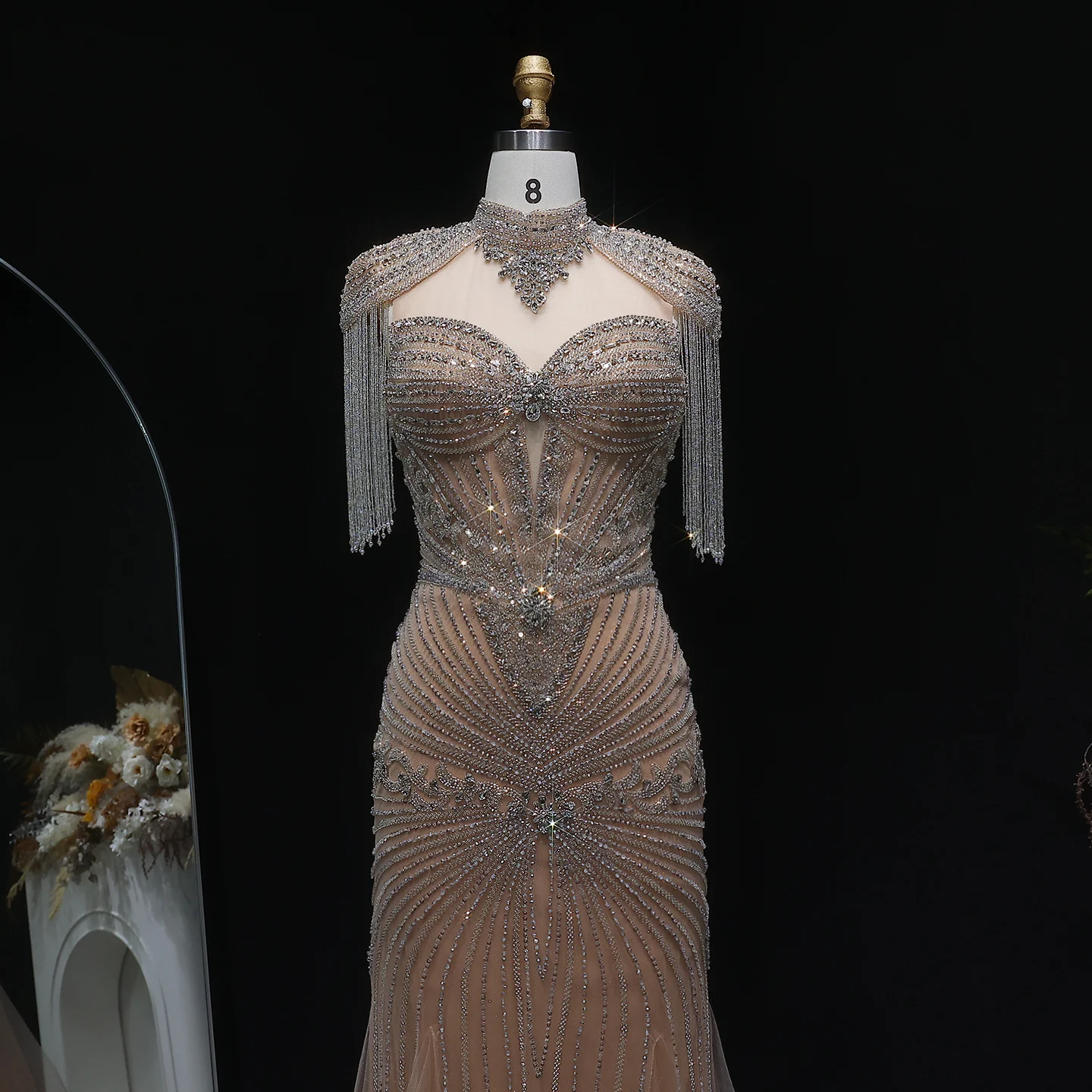 Sharon Said Arabisches Rosa Sweetheart Langes Meerjungfrauen-Abendkleid mit Cape-Quaste für Damen Hochzeitsfeier-Kleider SS190 Maßanfertigung – Detail 22
