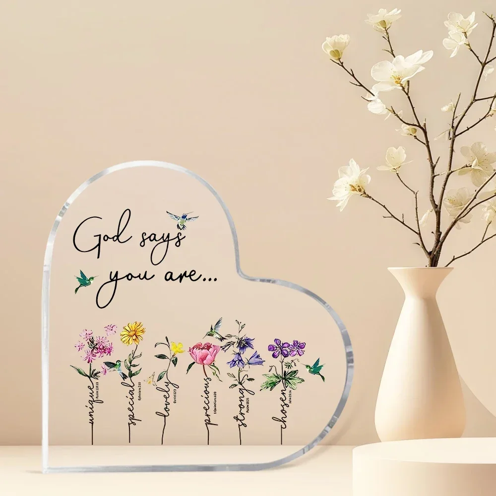 Clear Heart Shaped Acrylic Stand God Says You Are Unique Special Lovely Precious Strong Chosen Table Ornament