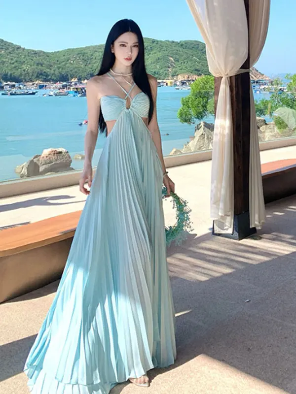 

Unique Beautiful Hanging Ne Strap Dr Design Sensation Hollow out Slimming Long Dr Autumn Season High Waist Cotton Fabric