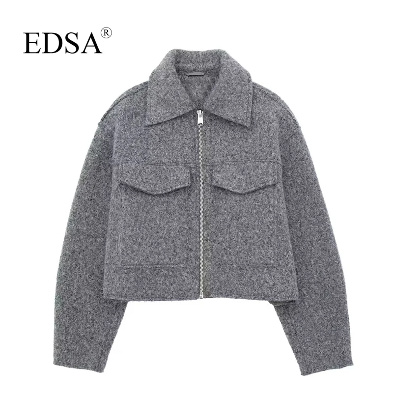 EDSA Women Solid Bomber Jacket with Flap Pockets Front Zipper Lapel Autumn Winter Casual Cropped Outerwear