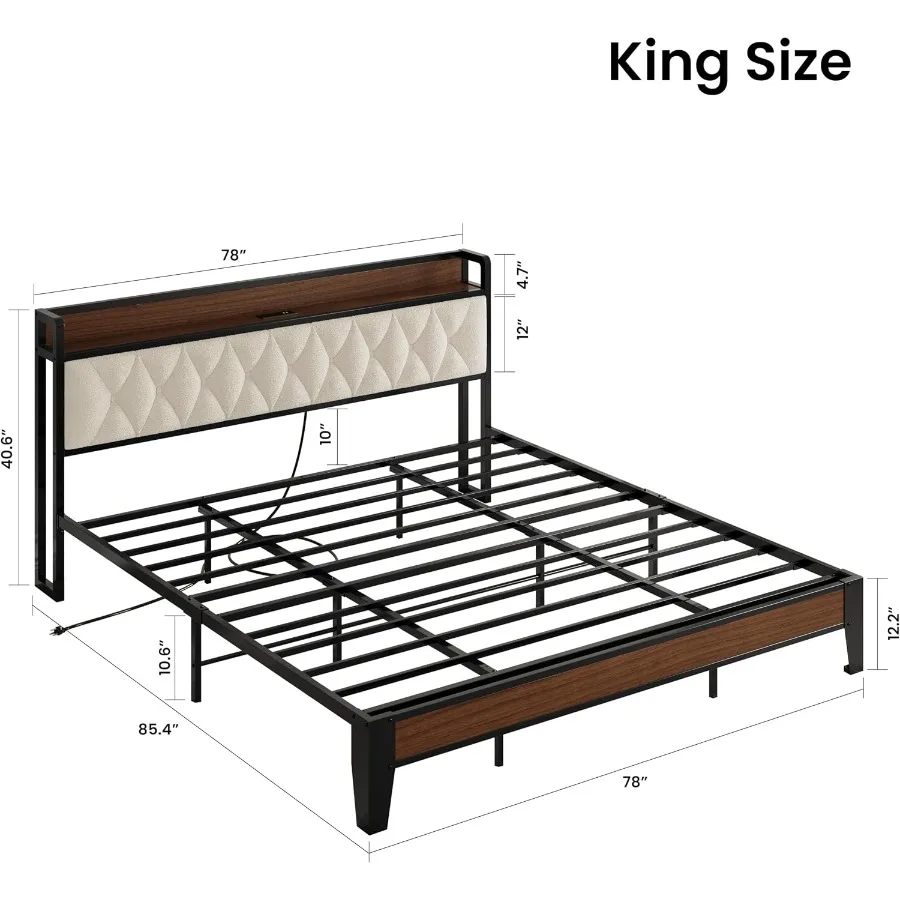 King Size Bed Frame with Headboard and Built-In Charging Station in Matte Black Metal for Modern Bedrooms