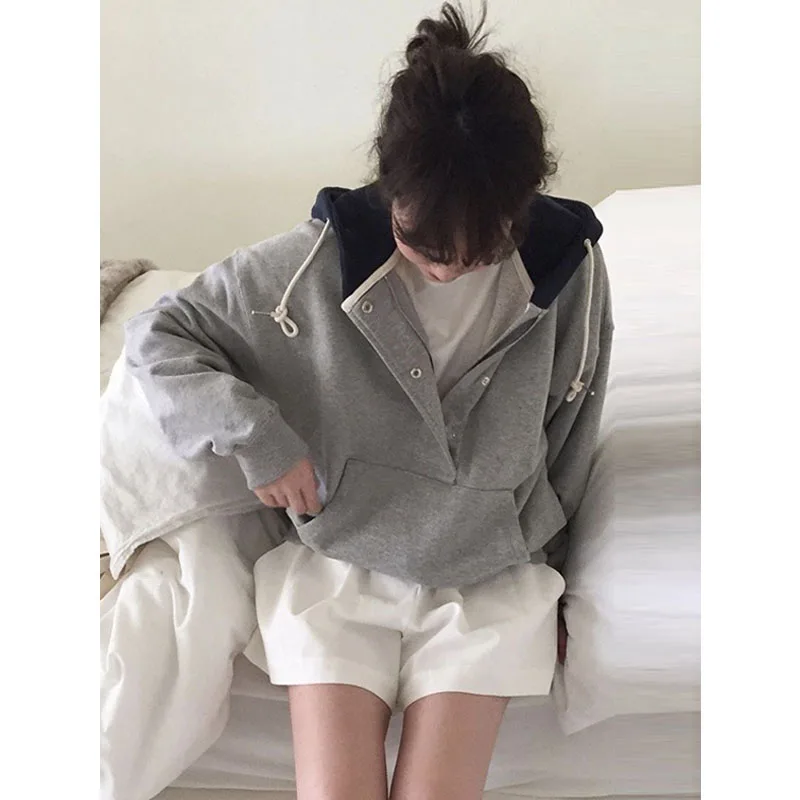 

Женская осенняя толстовка свободного кроя с длинными рукавами, в стиле колор-блок, повседневная, удобная, в ретро-американском стиле, с эффектом похудения