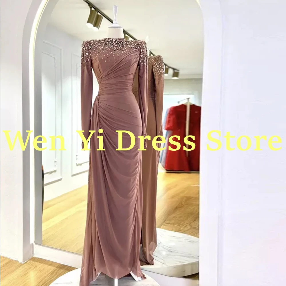 Elegant Mother of the Bride Women Evening Dress Luxury Crystal Long Sleeves Pink Wedding Chiffon Guest Gown Mermaid/Trumpet 2024