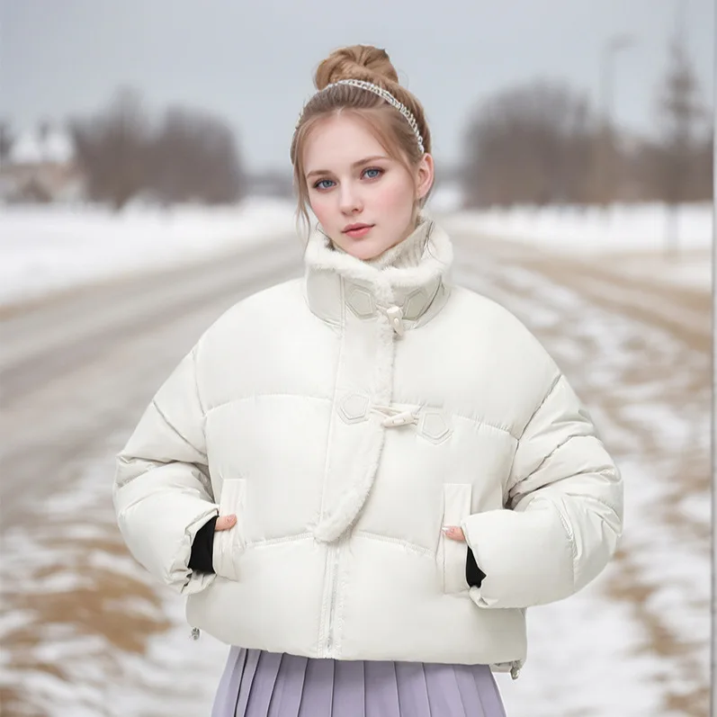 Winter Female's Parka Jacket Solid Horn Toggle Buttons Fleece-lined Stand Collar Women's Coat Minimalsit Padded Coat For Lady