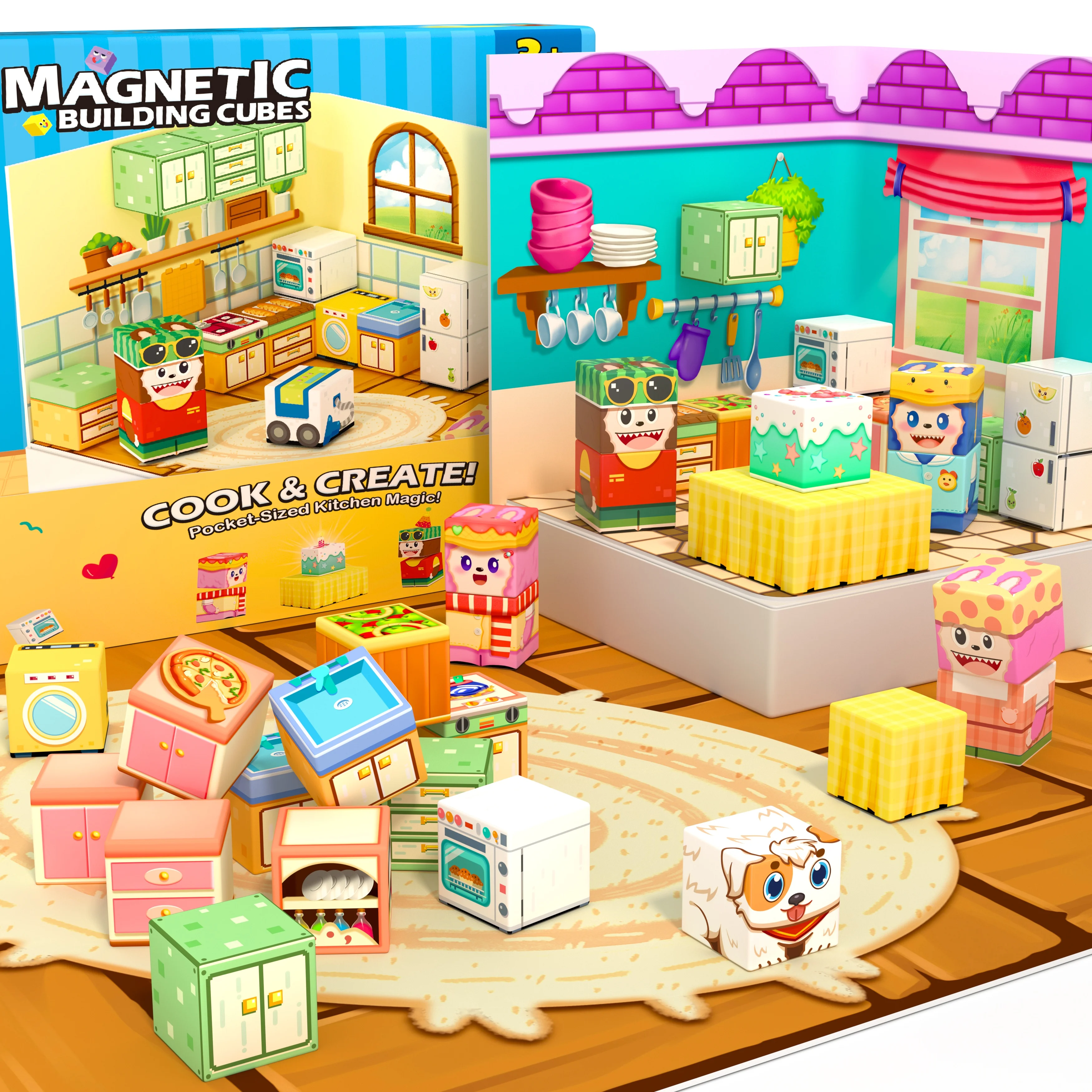 Magnetic Blocks - 2-in-1 Magnetic Building Blocks, Creative Building Craft, Sensory Clicking & Rustling, Travel Toys, Kids Toys Games, Pocket-Sized Kitchen Magic Display