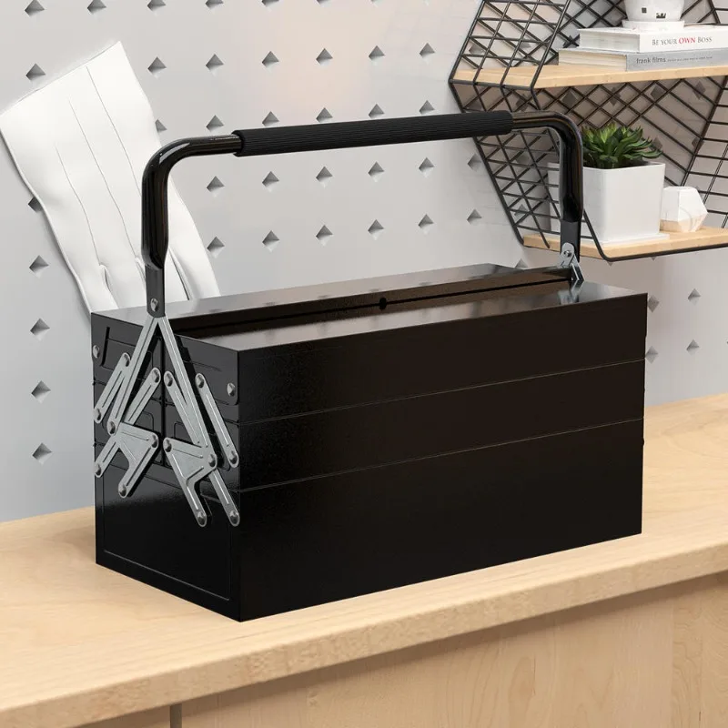 Boîte à outils métallique noire, coffret à outils à 3 niveaux avec 5 plateaux rétractables, coffre de rangement en acier robuste pour le bricolage, le garage, l'atelier, la mécanique, usage professionnel et domestique, mallette à outils pratique pour l'organisation, le stockage et le transport